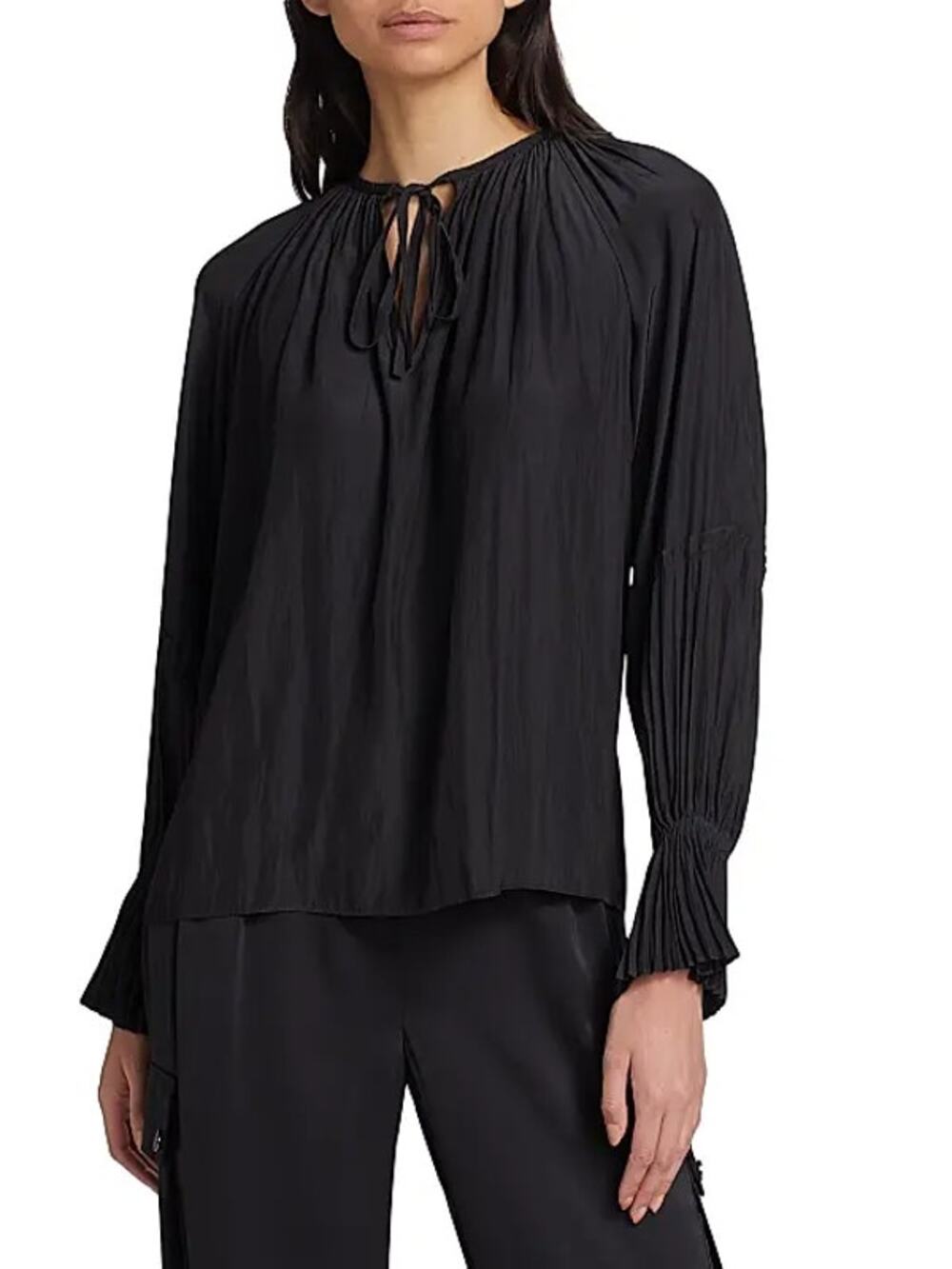 Ramy Brook Jordie Tie Front Pleated Long Sleeve Blouse Black Size Medium